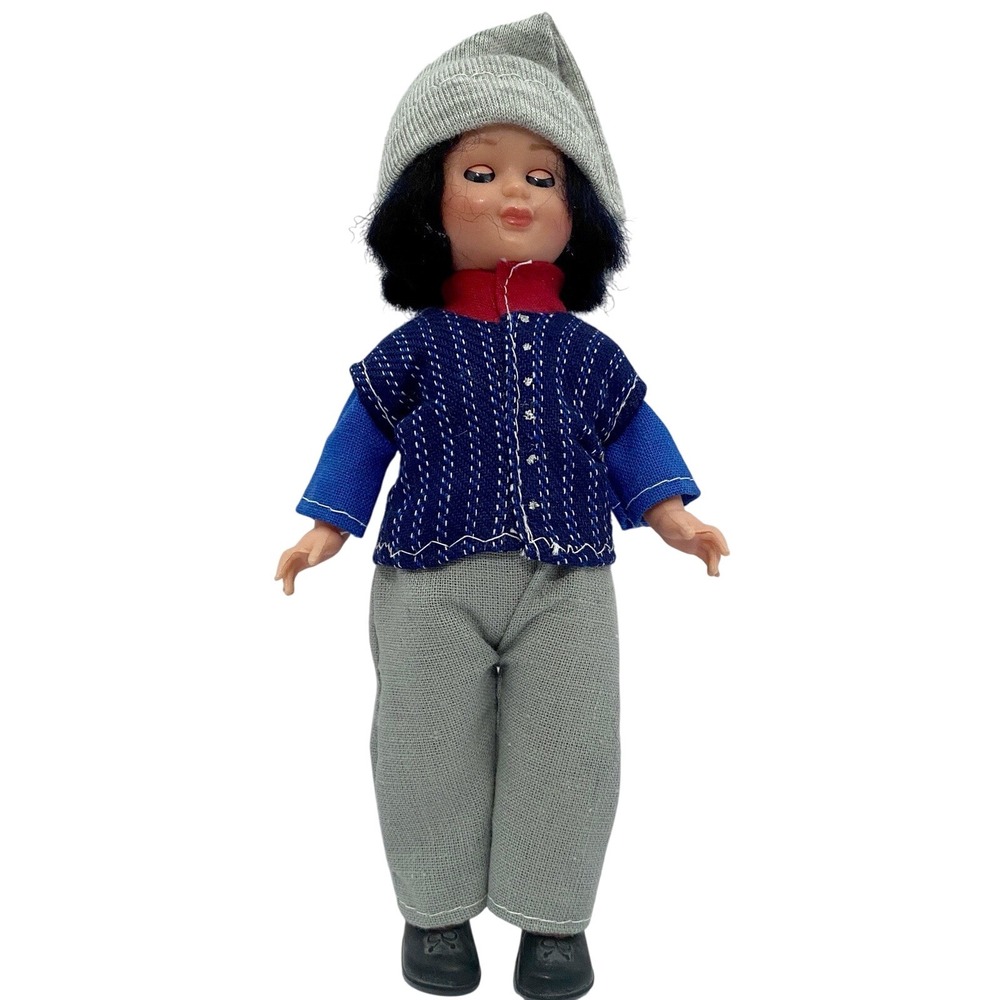 Vintage Doll Boy Cloth Outfit Hat Hand Painted Eyes‎ Black Hair 7"